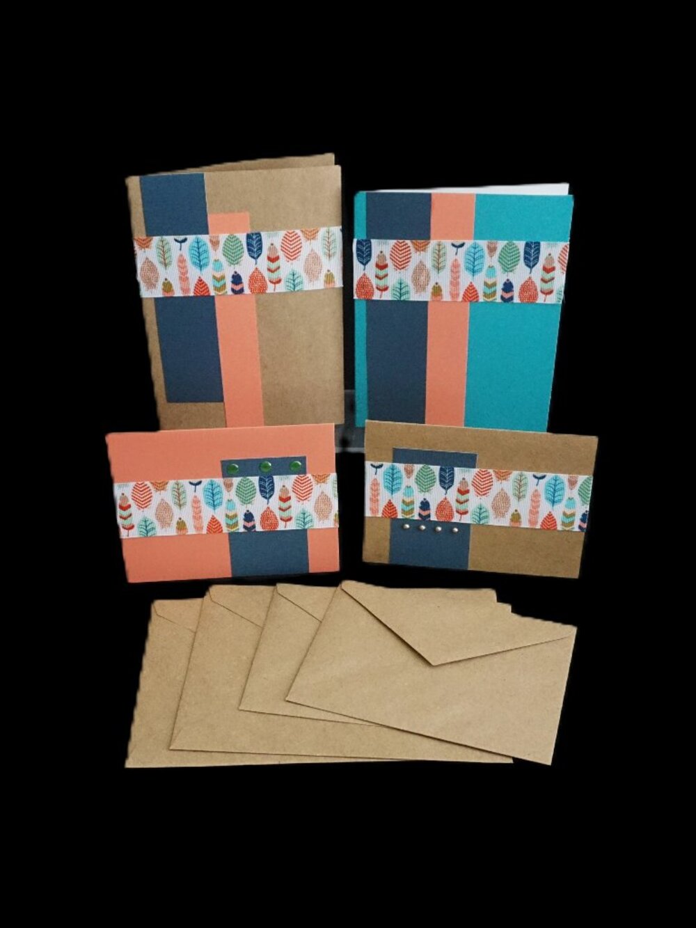 Set of 4 Birds of a Feather Themed Handmade Note Cards Multi Color Ribbon